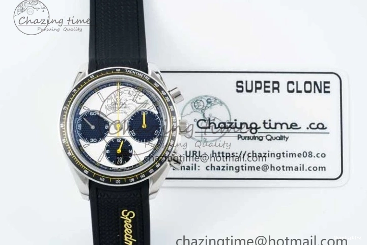0706 TopPick Speedmaster Racing Master SS HKF Best Edition White Black Dial on Black Rubber Strap A 7813